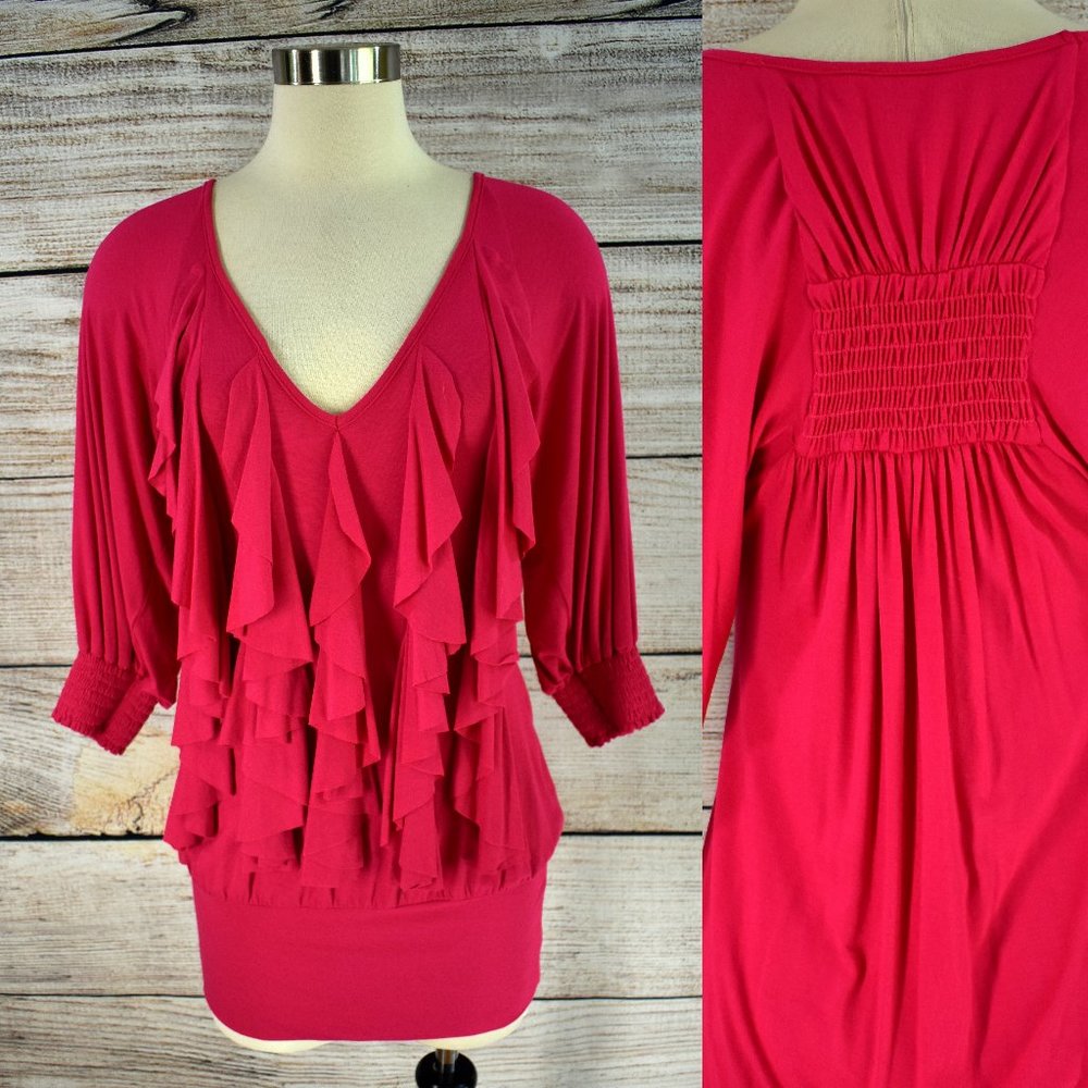 BEBE Tunic Top Shirt Ruffle Stretch Jersey Knit Hot Pink Smocked Dolman XS